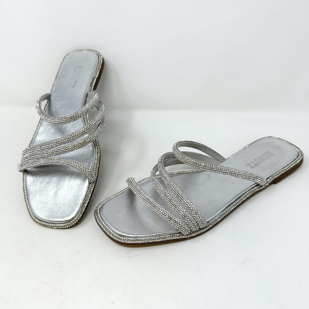Schutz Crystal Embellished Strappy‎ Flat Silver 10.5B